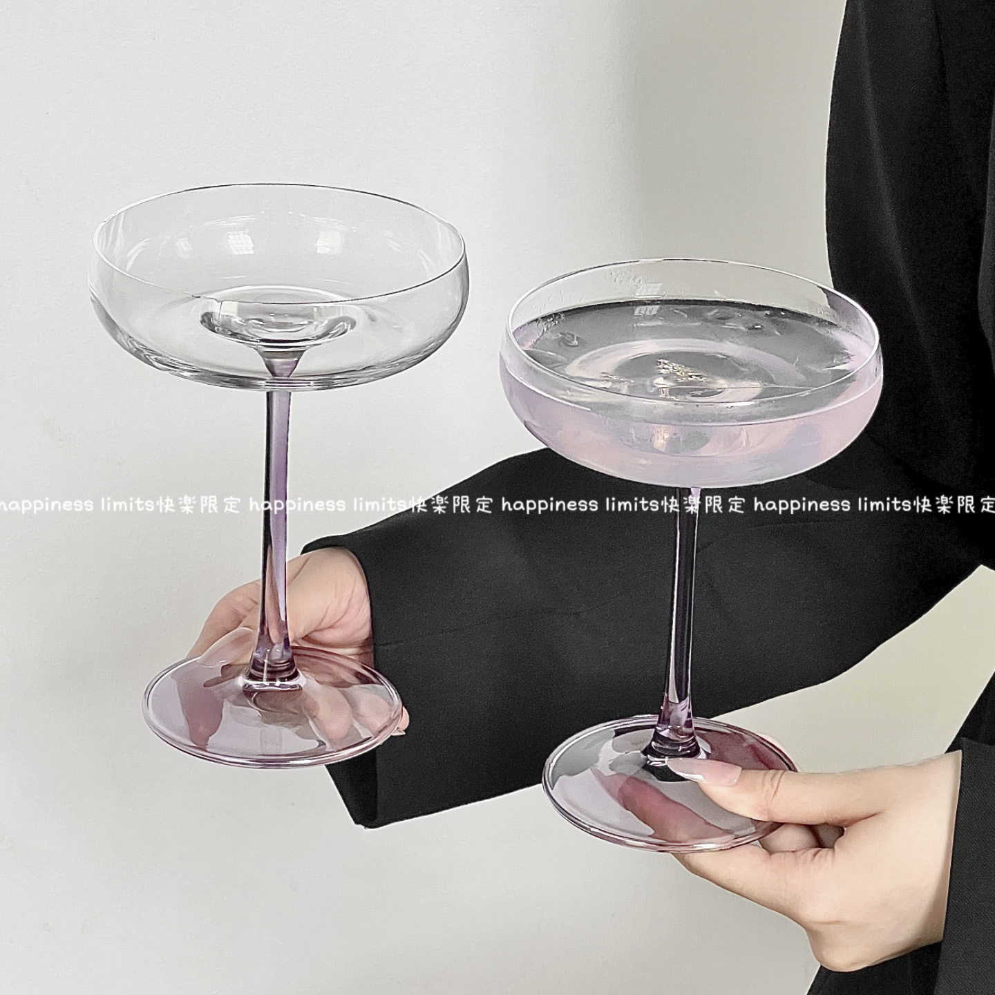 高颜值透明紫杆鸡尾酒杯高脚杯马天尼杯凹底塔杯调酒杯氛围感酒杯