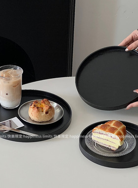 日式茶盘水果盘家用黑色圆形木托盘餐盘杯子收纳盘甜品盘蛋糕盘子