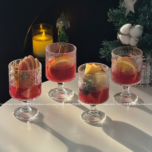 复古ins风热红酒太阳花浮雕玻璃杯高颜值酒杯饮料果汁高脚水杯子