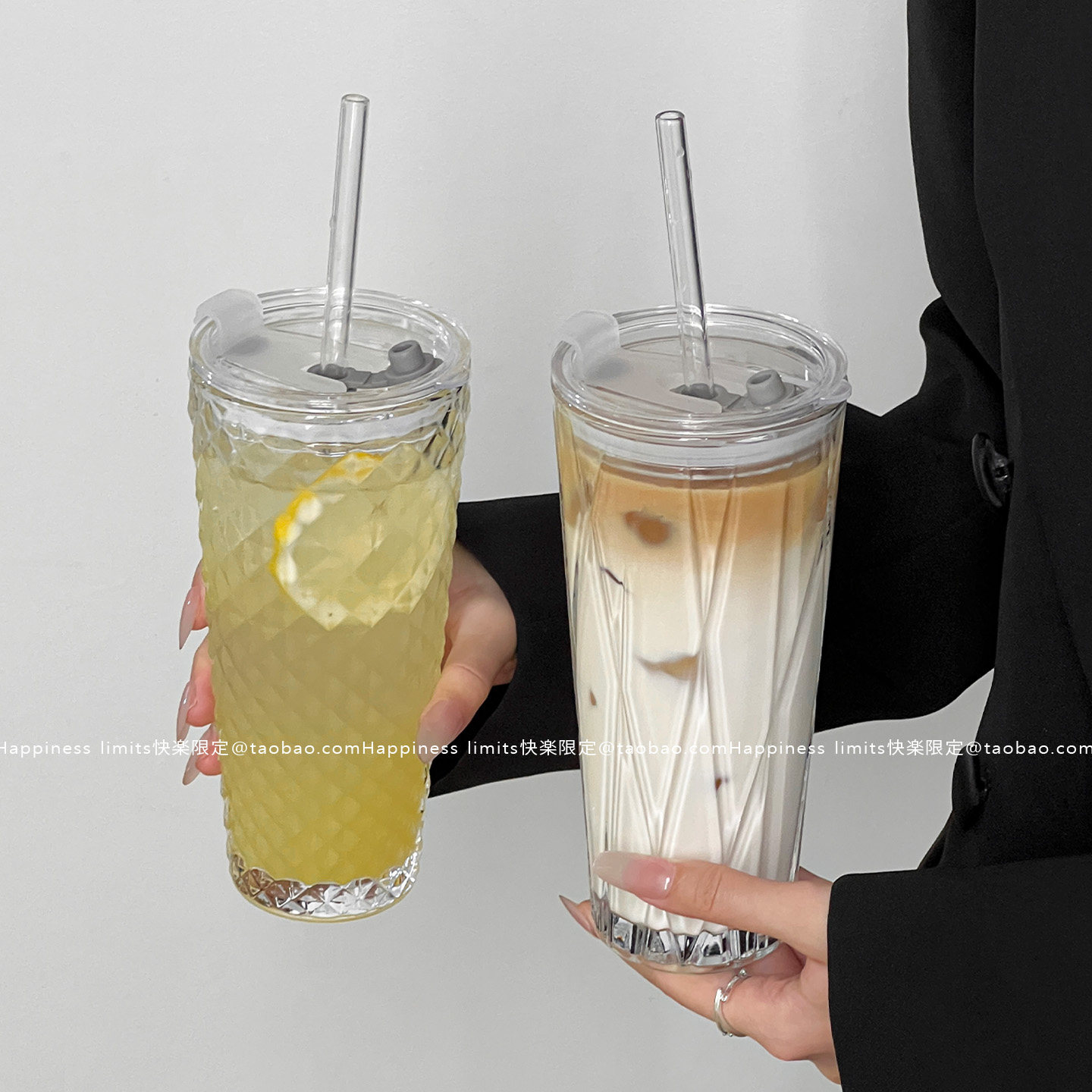 高颜值大容量玻璃水杯冰美式咖啡杯家用喝水杯带盖吸管杯饮料杯