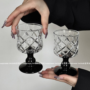 ins菱格矮脚杯高级感热红酒杯新款 家用玻璃杯葡萄酒杯饮品杯子