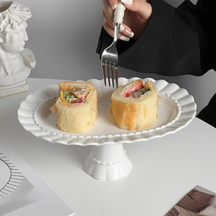 法式 花边陶瓷高脚蛋糕盘ins风椭圆形下午茶甜品点心盘精致展示盘