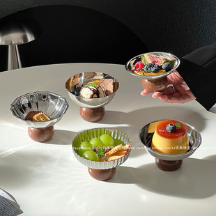 复古ins不锈钢矮脚布丁杯木脚蛋糕甜品碗高脚杯高级餐厅冰淇淋碗