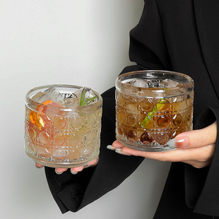 小众ins复古轻奢浮雕玻璃杯冰美式 咖啡杯水杯果汁杯冰球杯洋酒杯