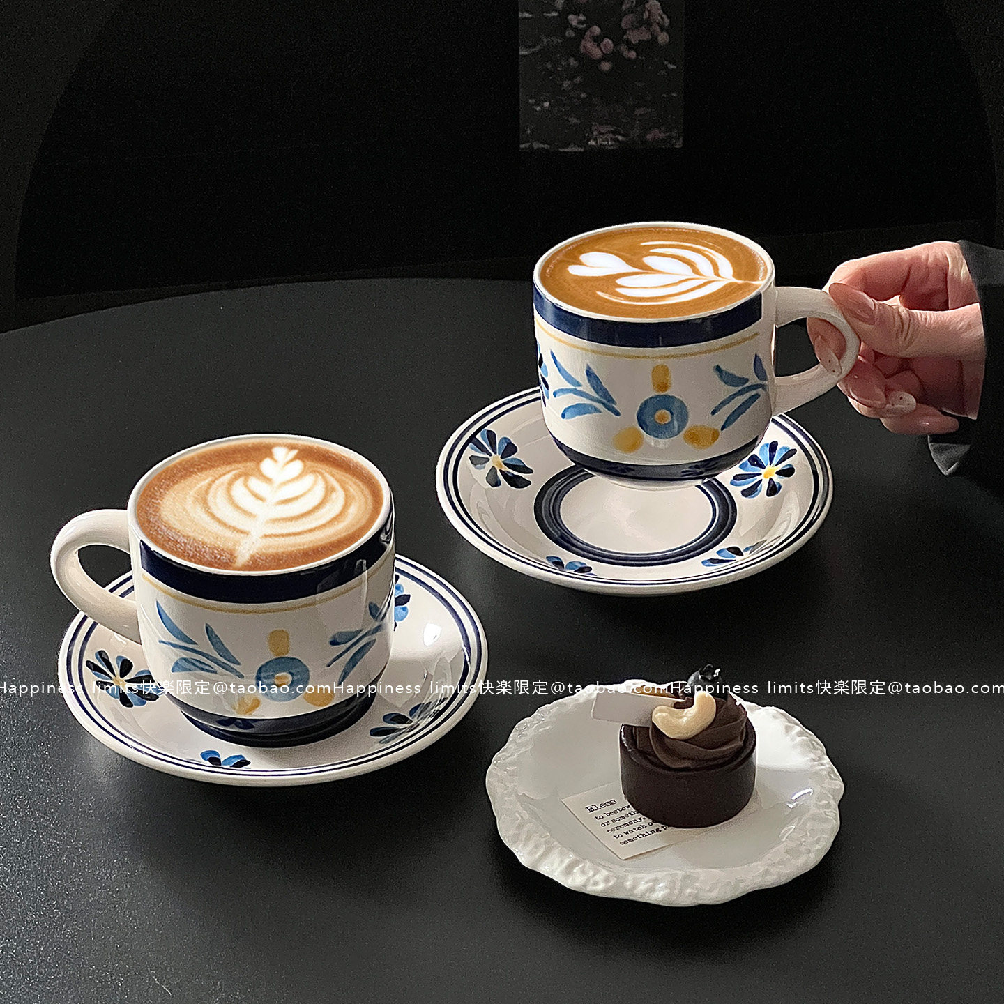 蓝色手绘复古小众陶瓷咖啡杯碟小花花马克杯韩国风摆拍杯碟餐厅