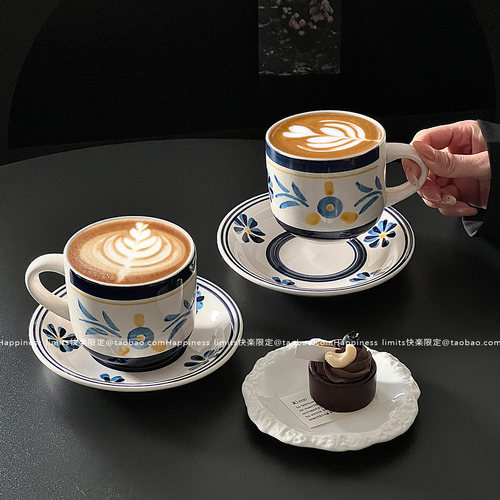 蓝色手绘复古小众陶瓷咖啡杯碟小花花马克杯韩国风摆拍杯碟餐厅