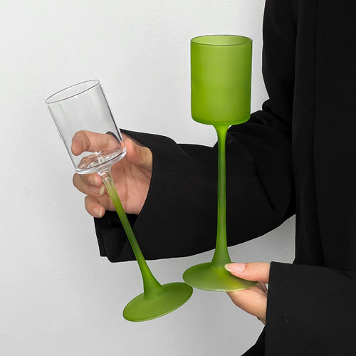 复古磨砂绿直筒玻璃高脚杯鸡尾酒杯小众高级感香槟杯甜酒杯果汁杯