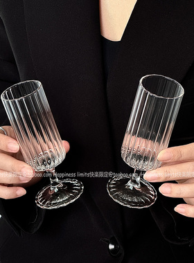 小众ins复古条纹猴魁玻璃杯竖纹高脚杯气泡水杯简约创意咖啡杯子