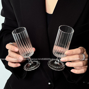 小众ins复古条纹猴魁玻璃杯竖纹高脚杯气泡水杯简约创意咖啡杯子