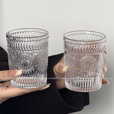 ins风复古浮雕太阳花玻璃水杯