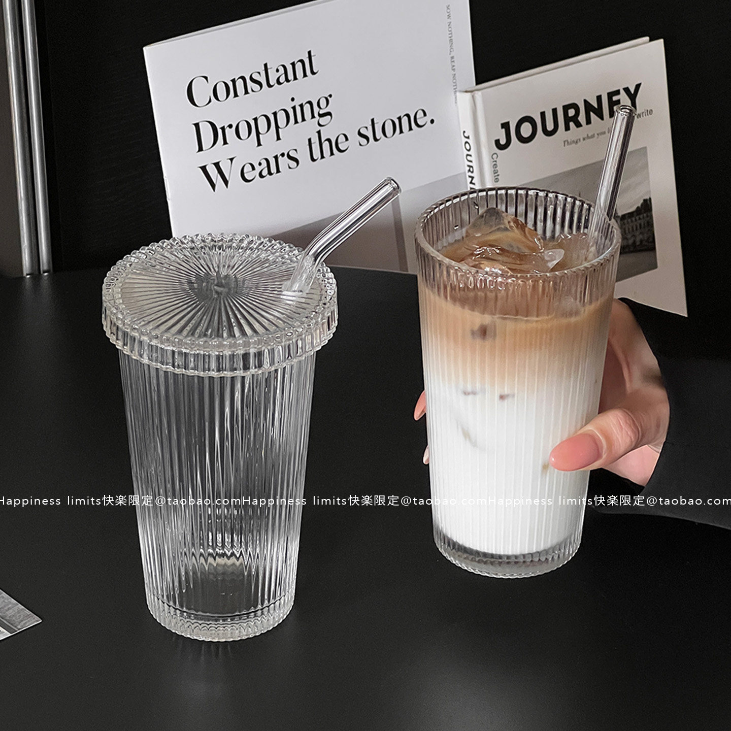 竖纹玻璃杯简约ins风高颜值带盖吸管杯家用水杯牛奶咖啡杯饮料杯