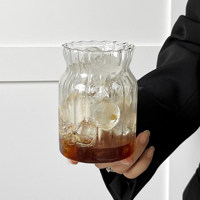 简约复古竖纹玻璃杯拿铁咖啡杯