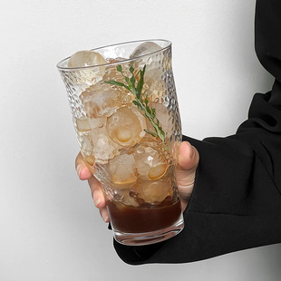 大容量复古果茶杯冰美式 咖啡杯啤酒杯小众锤纹玻璃杯果汁杯饮料杯