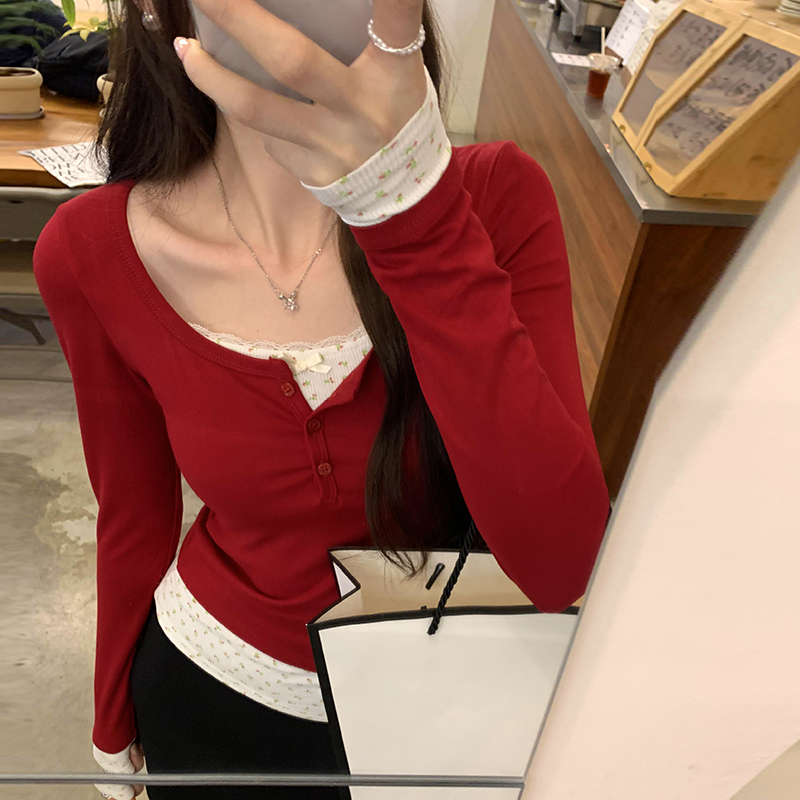 碎花假两件内搭打底衫女