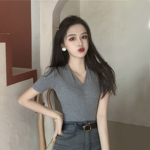 短袖t恤女2026夏季chic港味纯色v领打底衫性感紧身黑色上衣ins潮