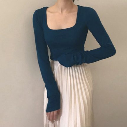 法式方领上衣女秋冬修身纯欲风磨毛加薄绒复古chic打底衫长袖t恤