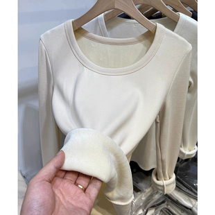加厚加绒圆领一体绒长袖T恤女秋冬季2025新款内搭设计感显瘦上衣