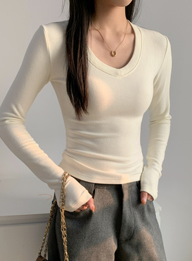 2025V领内搭打底衫秋冬双面磨毛加厚修身长袖T恤正肩显瘦低领上衣