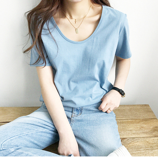 t恤女宽松u领纯色休闲上衣 2025夏季 女装 新款 大领口露锁骨纯棉短袖