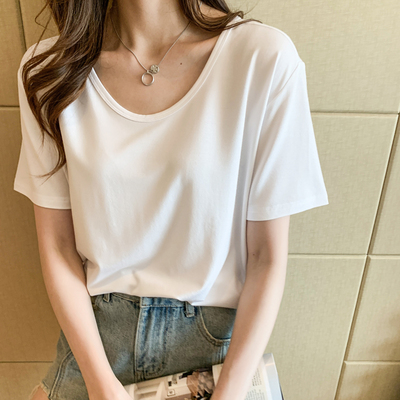 2025夏秋宽松莫代尔大低领露锁骨面膜短袖半袖冰丝上衣白色T恤女