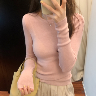 软糯长袖 纯色修身 2025新款 显瘦套头打底针织衫 圆领叠穿上衣 女秋季