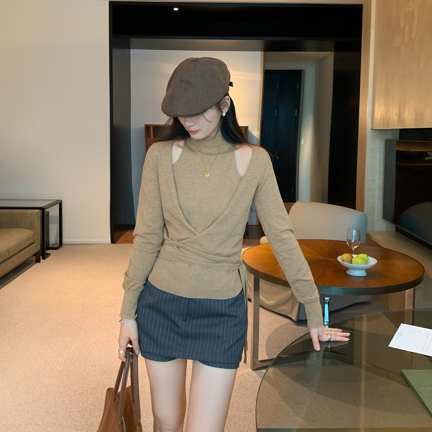 设计感假两件露肩收腰长袖羊毛针织衫女早秋2026新款小众百搭上衣