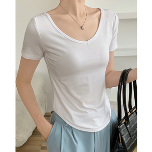 夏垂感莫代尔v领白色短袖心机短款高腰叠穿紧身下摆弧度上衣t恤女