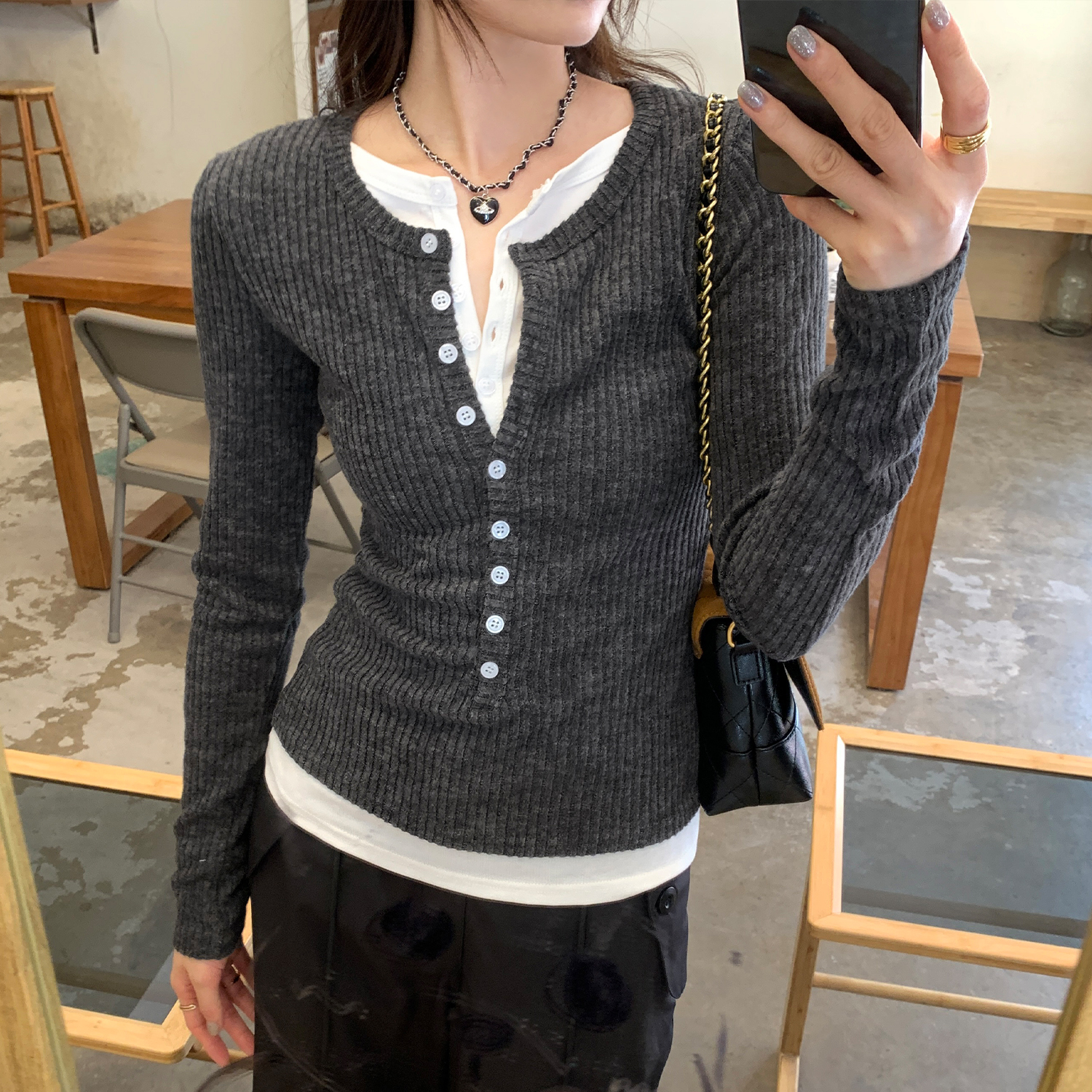 慵懒高级感假两件长袖针织衫女2025新款早秋冬单穿修身显瘦小上衣