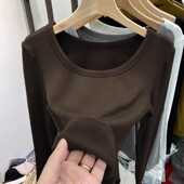 秋冬季 T恤显瘦螺纹上衣女 长袖 叠穿显胸磨毛加薄绒低领修身 打底衫