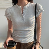 夏半开领美式 T恤卡腰高腰上衣女 纯棉螺纹短袖 辣妹半扣领短款 修身