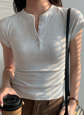 夏半开领美式辣妹半扣领短款修身纯棉螺纹短袖T恤卡腰高腰上衣女