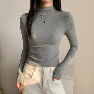 2026秋冬季 长袖 t恤女正肩磨毛薄绒褶皱修身 卡腰上衣 半高领打底衫