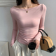 气质短款 T恤女纯欲风下摆弧度修身 露肩一字领上衣 斜肩长袖 秋冬季