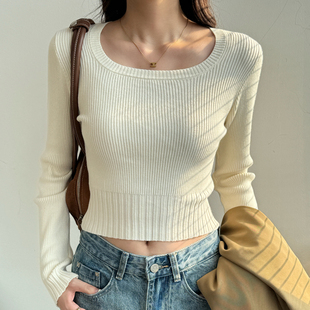 方领针织衫女2026秋冬新款纯色修身内搭打底毛衣长袖上衣百搭短款