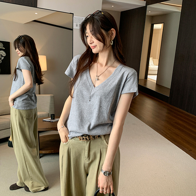韩系小众宽松显瘦V领短袖T恤女2025年夏季新款松弛感慵懒休闲上衣
