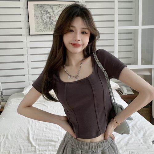 短袖方领鱼骨纯色T恤女夏