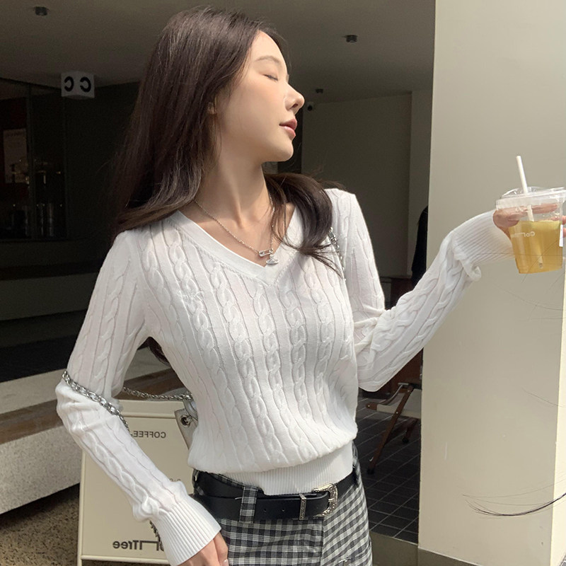 V领长袖设计感麻花针织衫女