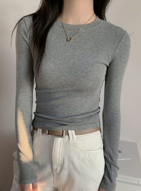 秋冬美式灰色正肩小衫长袖t恤女磨毛加薄绒内搭打底修身百搭上衣