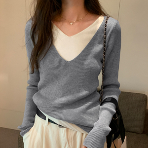 温柔假两件撞色减龄针织修身上衣女2023秋季百搭休闲长袖显瘦毛衣