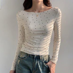 早秋季一字领微卷边减龄波点长袖复古打底衫设计感辣妹上衣T恤女