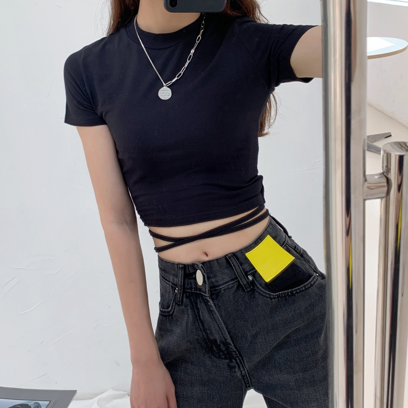 2025春夏性感紧身纯棉爵士舞绑带高腰漏肚脐短袖T恤小心机上衣女