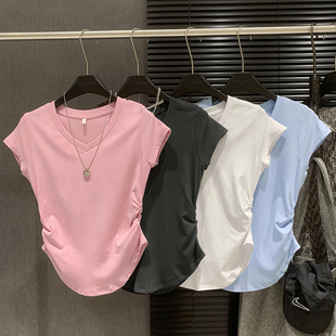 简约打底衫 显瘦夏季 V领正肩t恤女短袖 修身 上衣潮 新款 弧形下摆短款