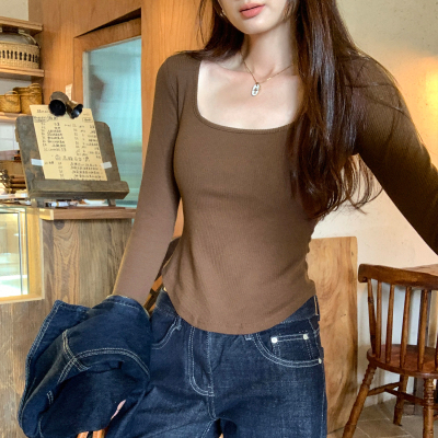 美拉德咖色带胸垫方领长袖内搭打底衫2025新款早秋单穿T恤上衣女