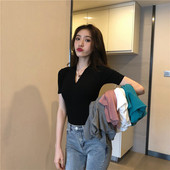 显瘦T恤打底衫 2026夏季 修身 港味性感深V领短袖 百搭显瘦上衣潮 新款