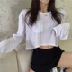 小心机口袋漏肚脐防晒hiphop衫 春夏宽松爵士舞高腰短款 长袖 T恤女