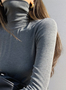 欧货高领纯色打底衫女秋冬新款韩版修身保暖灰色长袖t恤女上衣ins