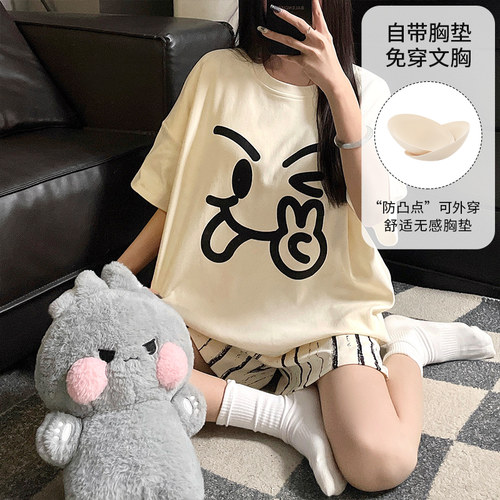 晚眠带胸垫睡衣女夏季纯棉短袖2026新款一体可爱夏天家居服套装