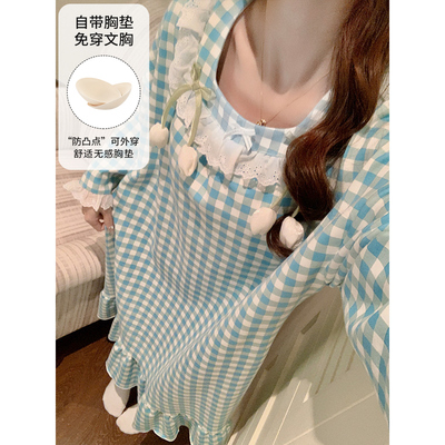 晚眠2025新款公主风带胸垫睡裙女秋春季纯棉长袖大码睡衣裙长款冬