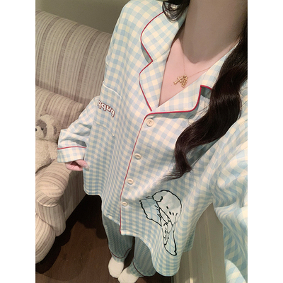 晚眠2026年新款带胸垫睡衣女款春秋长袖大码格子秋冬季家居服套装