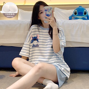 条纹夏天女士家居服两件套装 晚眠带胸垫睡衣女款 短裤 纯棉短袖 夏季